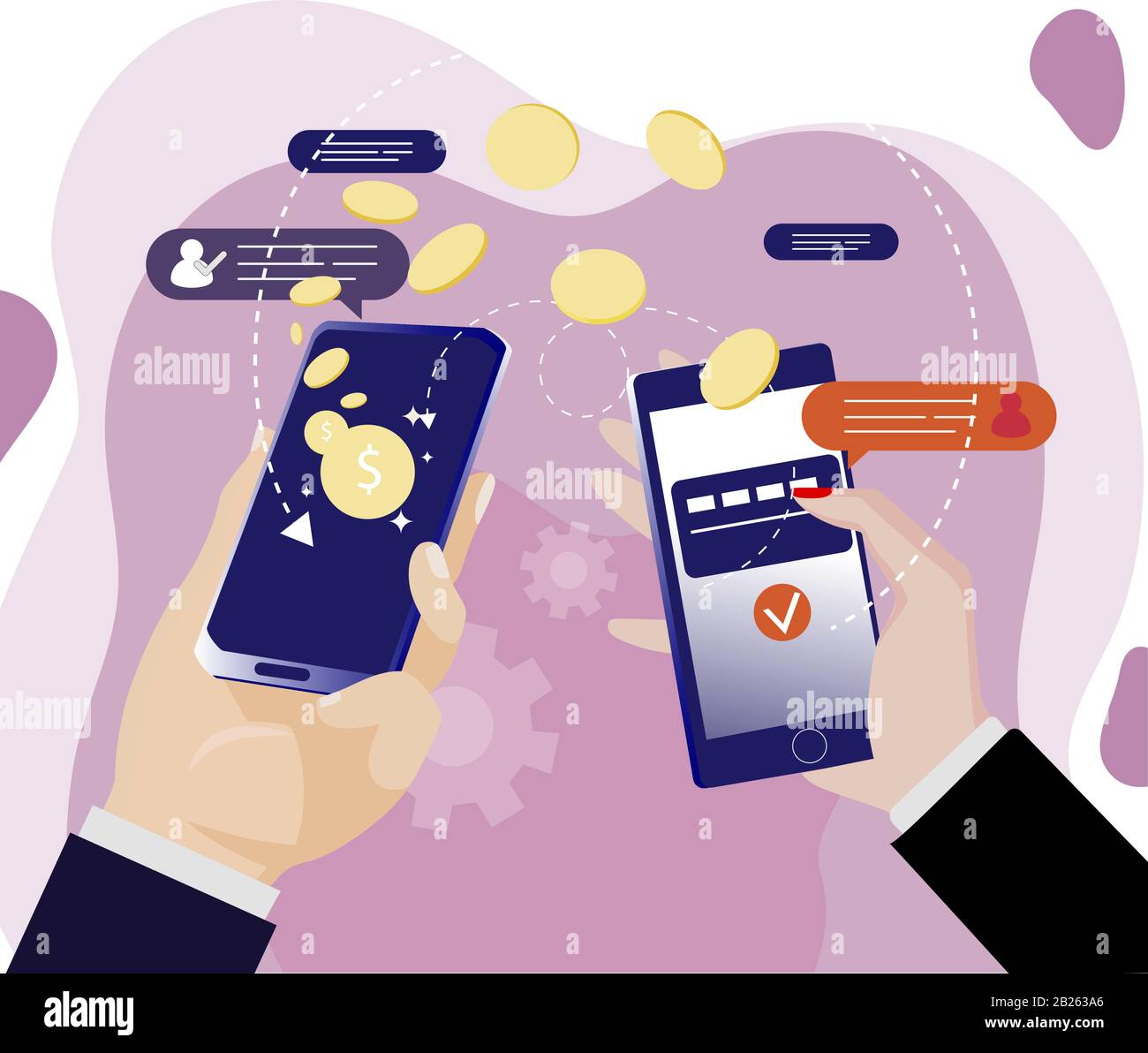 Mobiler Geldtransfer mit App. Online-Banking, Vector Hold Phone Transfer Pay, einfache intelligente und schnelle Zahlung mit Gadget-Illustration, kontaktloses Verbot Stock Vektor