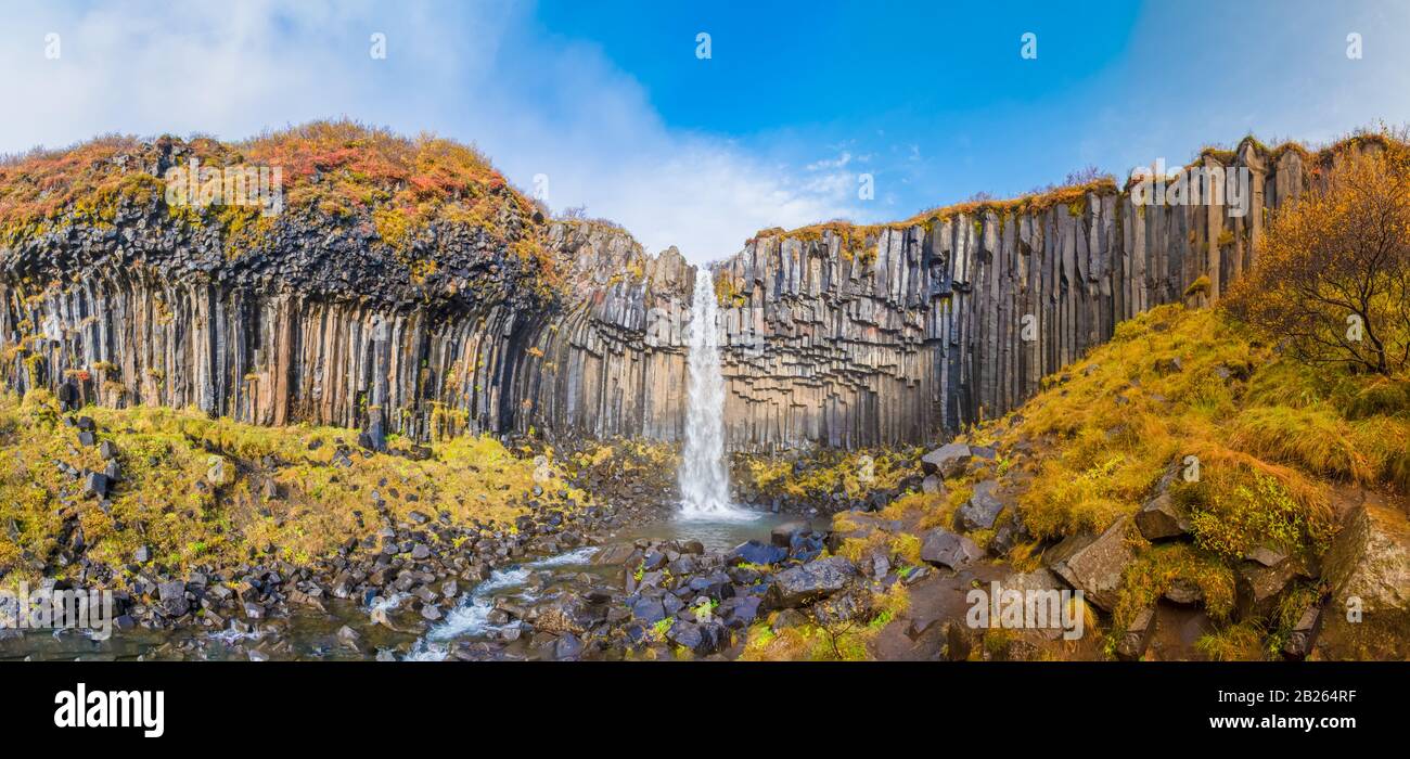 Svartifoss Wasserfallpanorama von schwarzen Basaltsäulen zwischen der Herbstfärbung der Natur Stockfoto