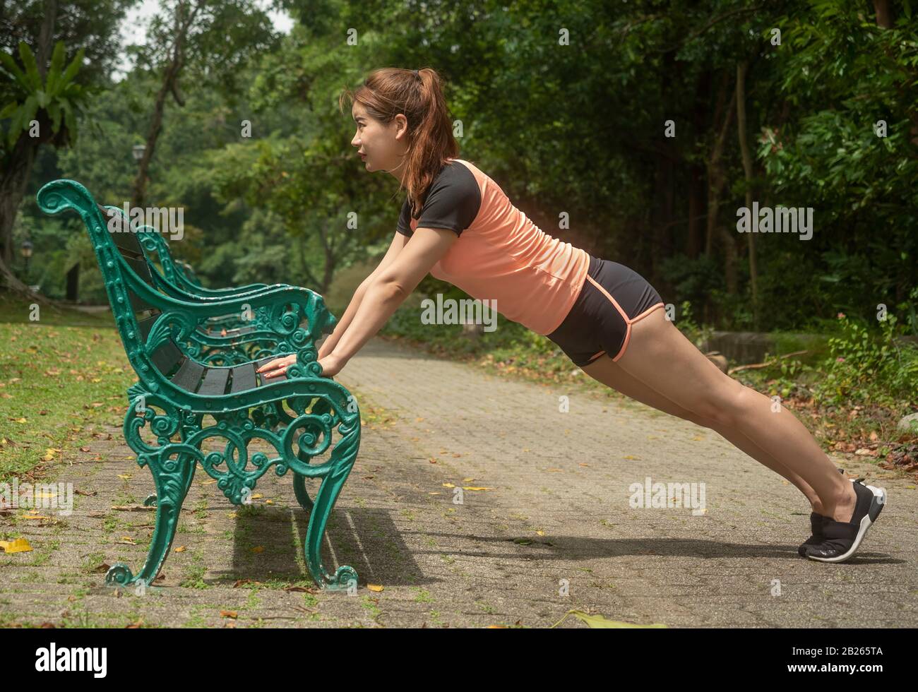 Asiatische Chinesin im SportOutfit, die morgens im Naturpark Push-ups durchführen, um einen gesunden Lebensstil zu erhalten Stockfoto