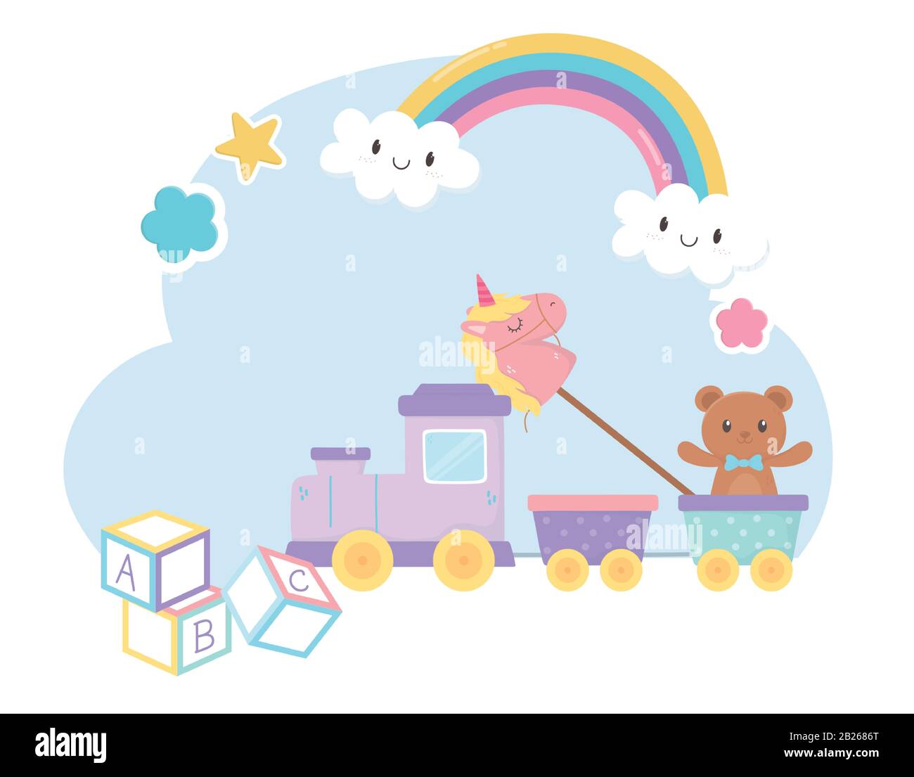 Kinderzone, Eisenbahnwaggons Alphabet blockiert Teddybär und Einhorn in Vektorgrafiken von Stockspielzeugen Stock Vektor