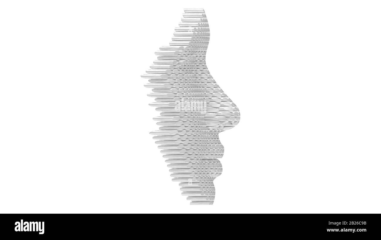 3D-Rendering eines künstlichen Gesichts aus künstlicher Intelligenz aus Metall. Stockfoto