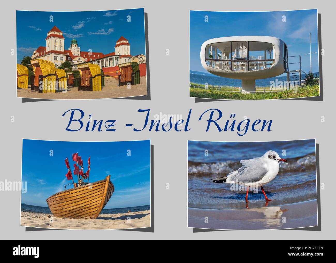 Vier verschiedene gebogene Fotografien, grauer Hintergrund mit der Aufschrift Binz-Insel Rügen (Binz-Insel Rügen), Mecklenburg-Vorpommern, Deutschland, Europa Stockfoto
