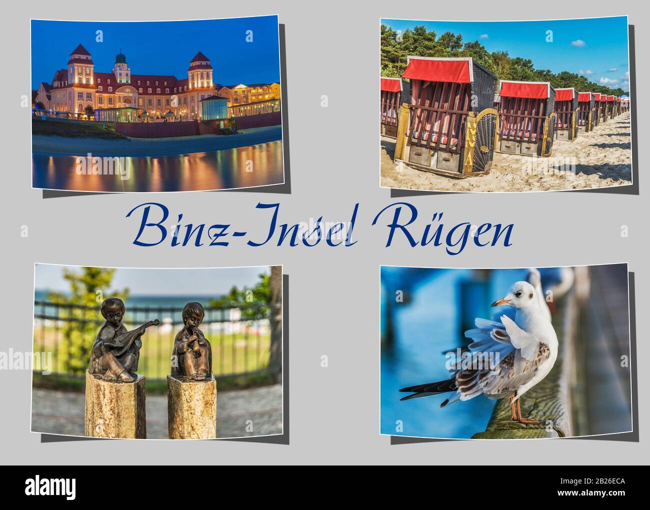 Vier verschiedene gebogene Fotografien, grauer Hintergrund mit der Aufschrift Binz-Insel Rügen (Binz-Insel Rügen), Mecklenburg-Vorpommern, Deutschland, Europa Stockfoto