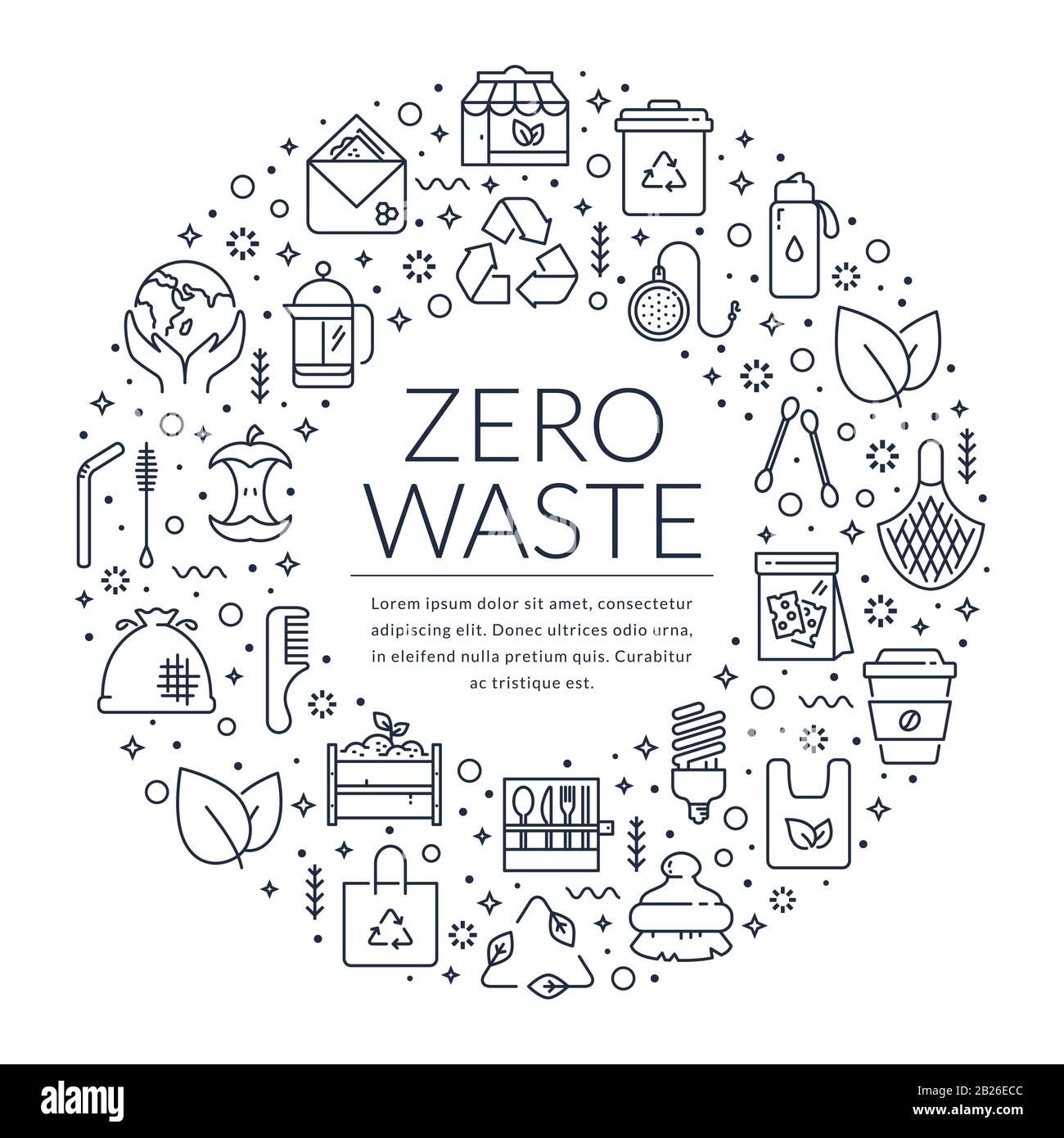 Zero Waste Banner mit Zeilensymbolen und Ort für Text. Vorlage für Recycling, wiederverwendbare Artikel, Save the Planet und Eco Lifestyle Themen. Stock Vektor
