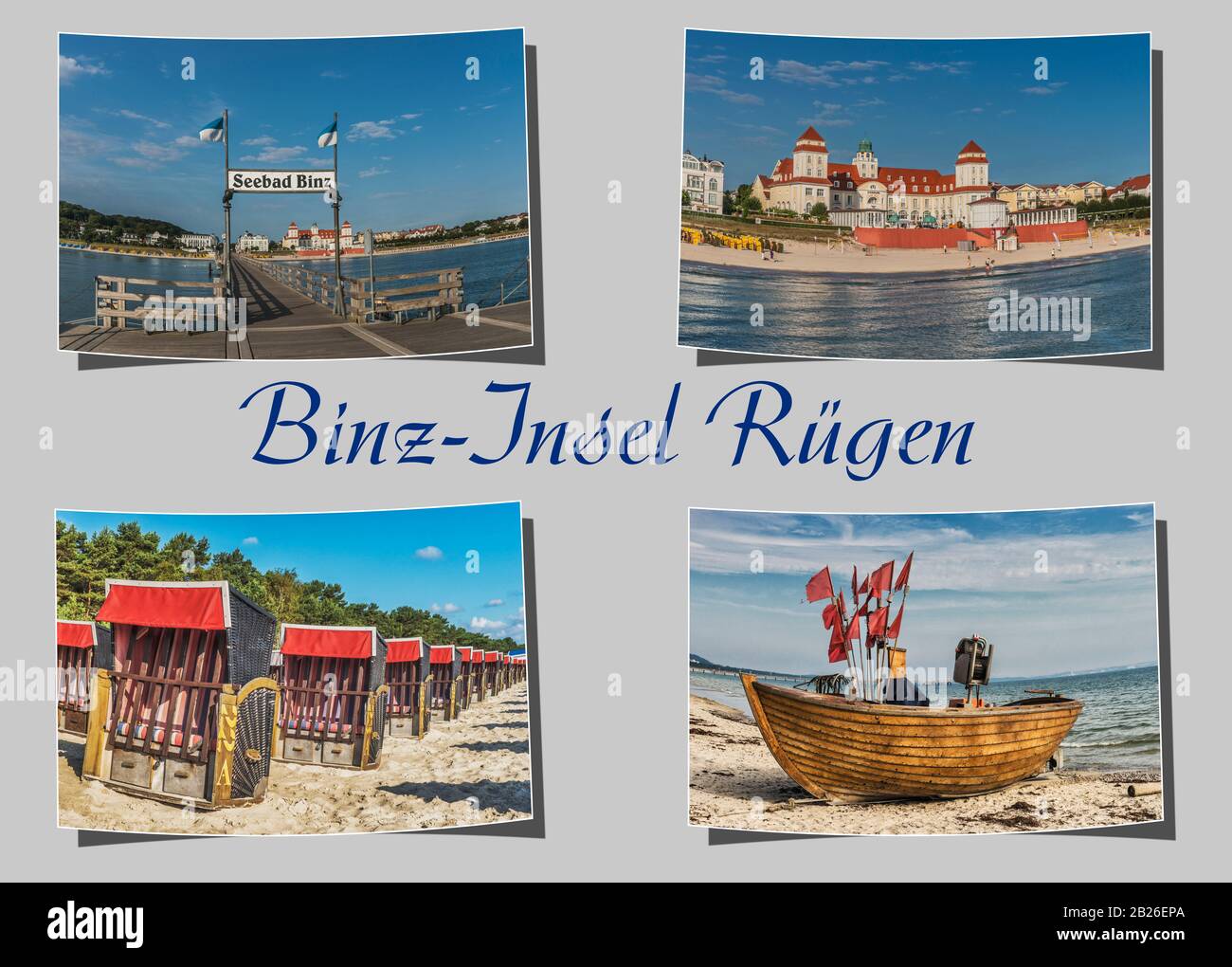 Vier verschiedene gebogene Fotografien, grauer Hintergrund mit der Aufschrift Binz-Insel Rügen (Binz-Insel Rügen), Mecklenburg-Vorpommern, Deutschland, Europa Stockfoto