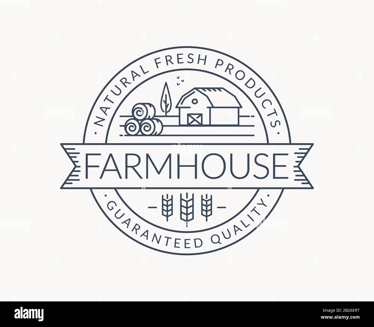 Farm-Logo auf weißem Hintergrund isoliert. Schwarze Linie Emblem mit Bauernhaus, Weizenohr und Heuballen. Vektor-Outline-Abzeichen für Naturprodukte. Stock Vektor