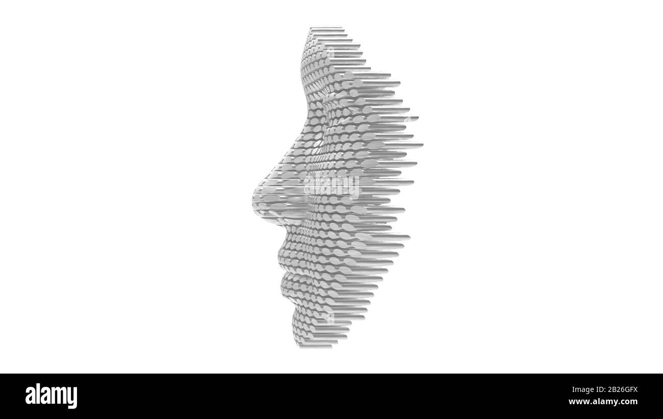 3D-Rendering eines künstlichen Gesichts aus künstlicher Intelligenz aus Metall. Stockfoto