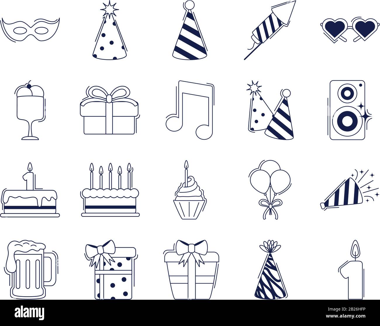 Happy Birthday, Dekoration Festlichkeit Party Symbol setzt Vektor-Illustration Stil Stock Vektor