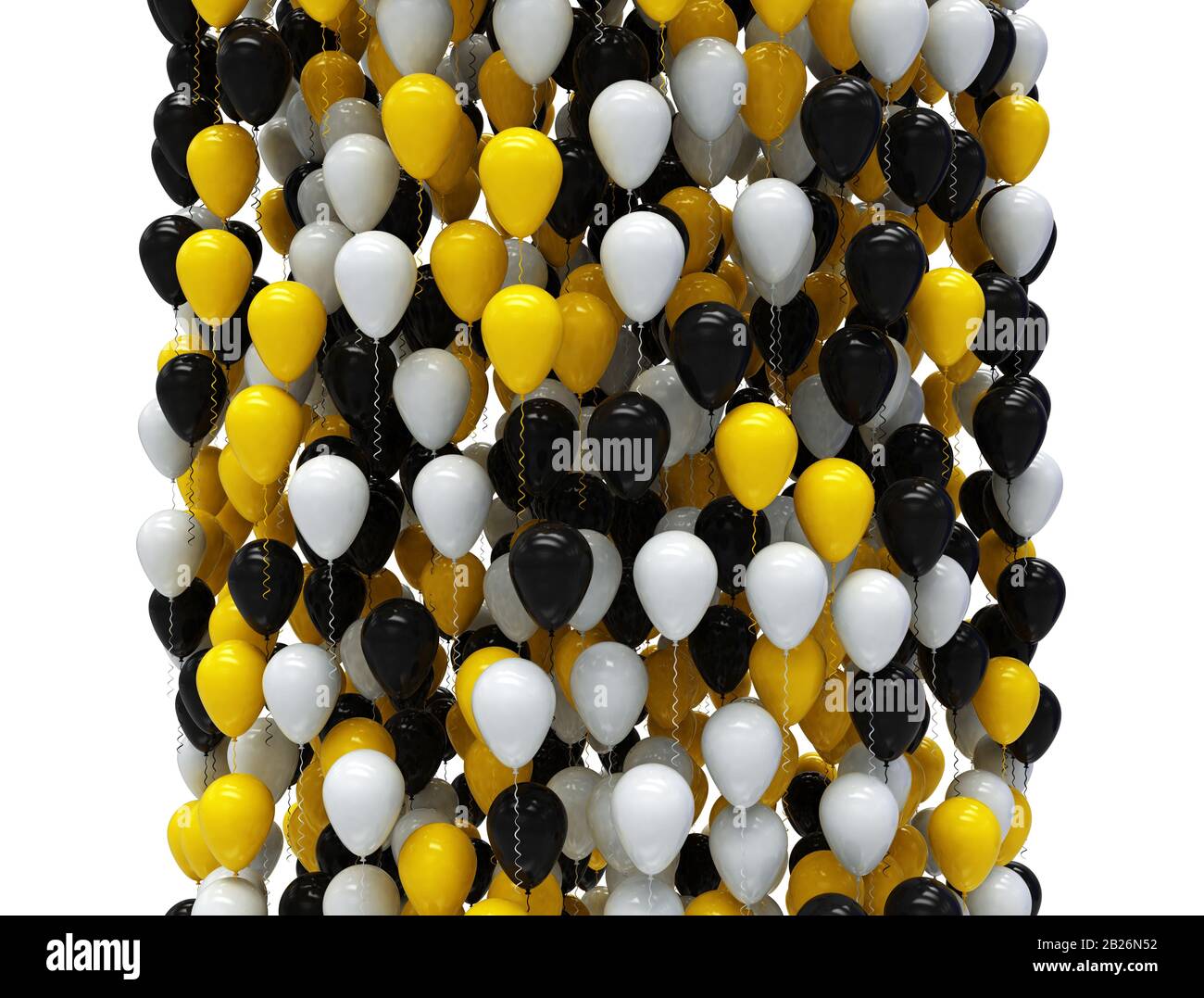 Festhintergrund mit schwarz-weißen und gelben Partyballons. Isoliert auf weiß Stockfoto