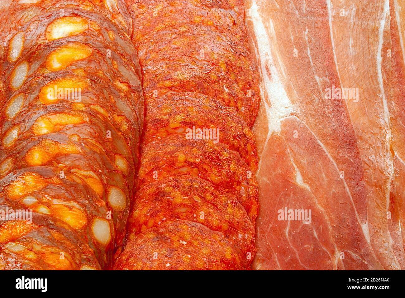 Spanisches Trockenfleisch, einschließlich Chorizo Salami und Prosciutto Stockfoto