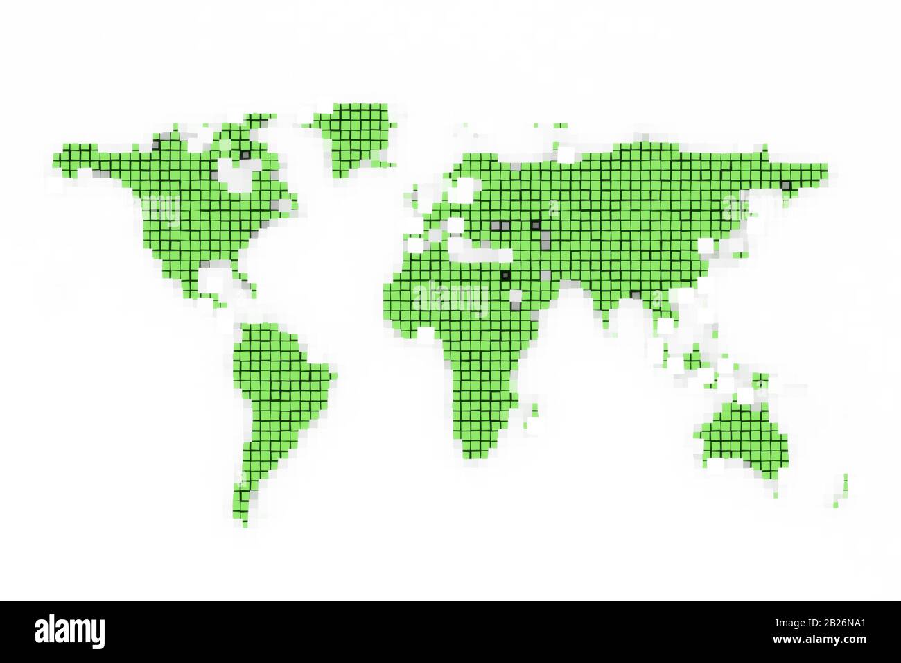 Abstrakte Weltkarte mit grünen Pixeln auf weißem Hintergrund Stockfoto
