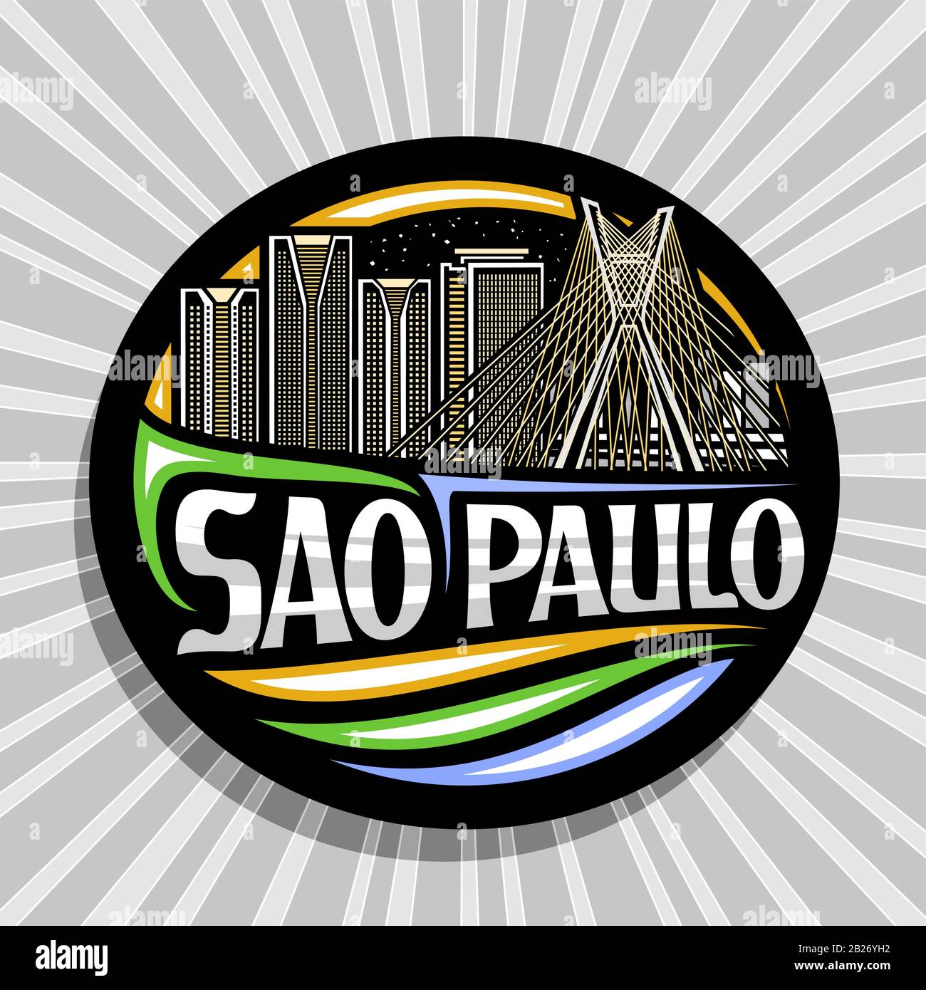 Vektorlogo für Sao Paulo, schwarzer dekorativer Rundschild mit Umriss Illustration der zeitgenössischen stadtlandschaft von sao paulo auf Himmelshintergrund, Touristenkühlschrank Stock Vektor