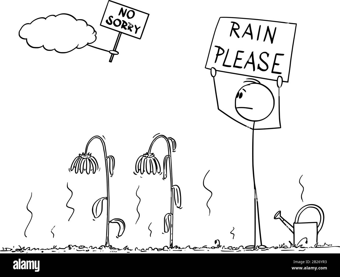 Vektor-Zeichentrickfigur Zeichnung konzeptionelle Illustration von Mann oder Gärtner auf Garten mit ausgetrockneten Pflanzen Blick auf den Himmel und Regen bitte unterschreiben, Wolke sagt nicht leid. Stock Vektor
