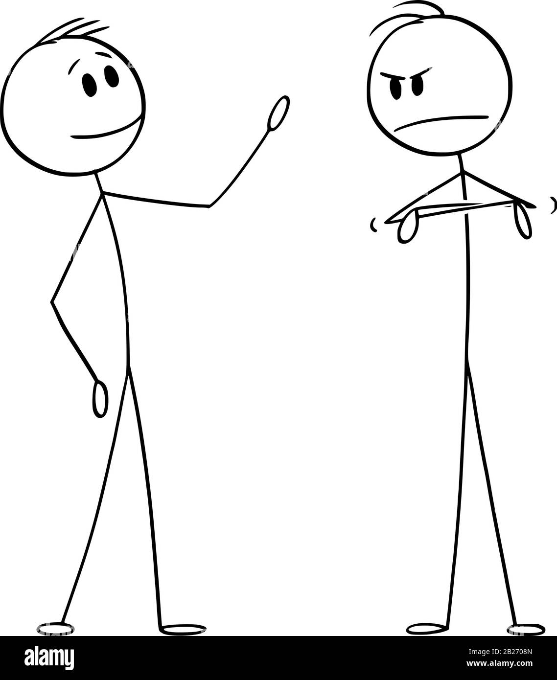 Vector Cartoon Stick Figur Zeichnung konzeptionelle Illustration von zwei Männern oder Geschäftsleuten sprechen oder Gespräch führen, eine ist positiv und zweite negativ. Stock Vektor