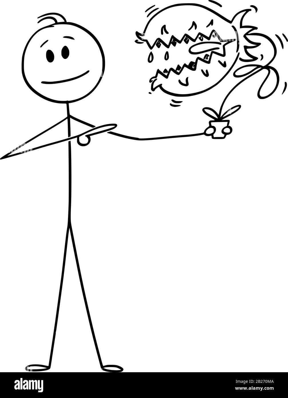 Vektor-Cartoon-Stick-Abbildung konzeptionelle Abbildung des Menschen, der gefährliche fleischfressende Pflanzen mit Mund und Zähnen im Blumentopf hält. Stock Vektor