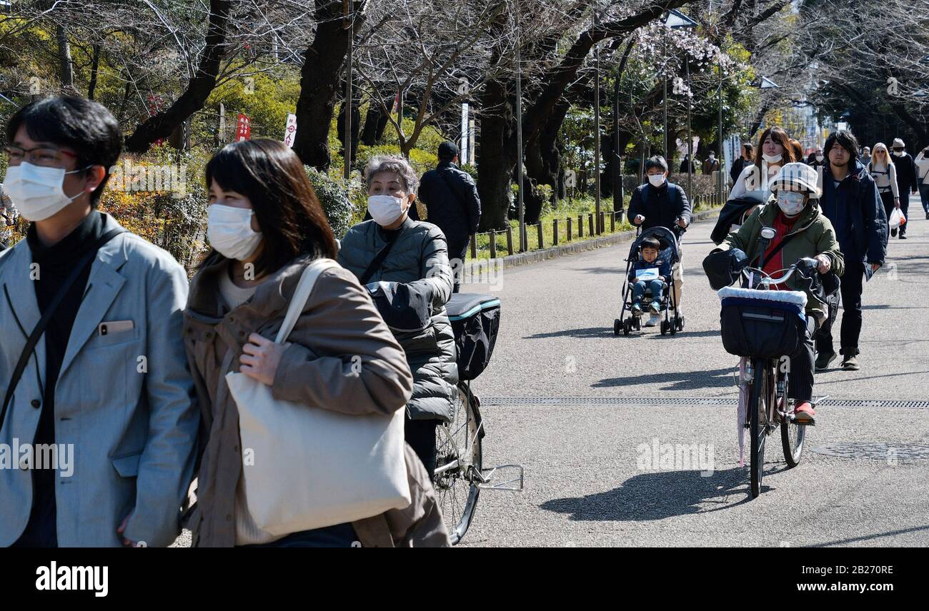 Tokio, Japan. März 2020. Menschen, die Gesichtsmasken tragen, besuchen den Ueno Park in Tokio, Japan am Sonntag, 1. März 2020. Japans Regierungsanfrage, landesweit ein großes Ereignis zu annullieren oder zu verschieben, um die Ausbreitung des neuen Coronavirus zu kontrollieren. Foto von Keizo Mori/UPI Credit: UPI/Alamy Live News Stockfoto