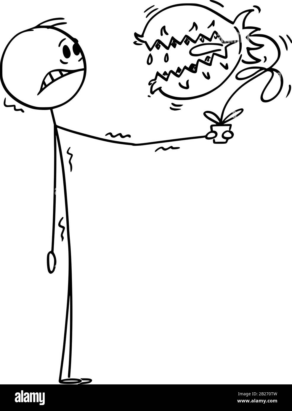 Vektor-Cartoon-Stick-Figur mit konzeptioneller Illustration von erschrockenen oder verängstigten Menschen, die gefährliche fleischfressende Pflanzen mit Mund und Zähnen im Blumentopf halten. Stock Vektor