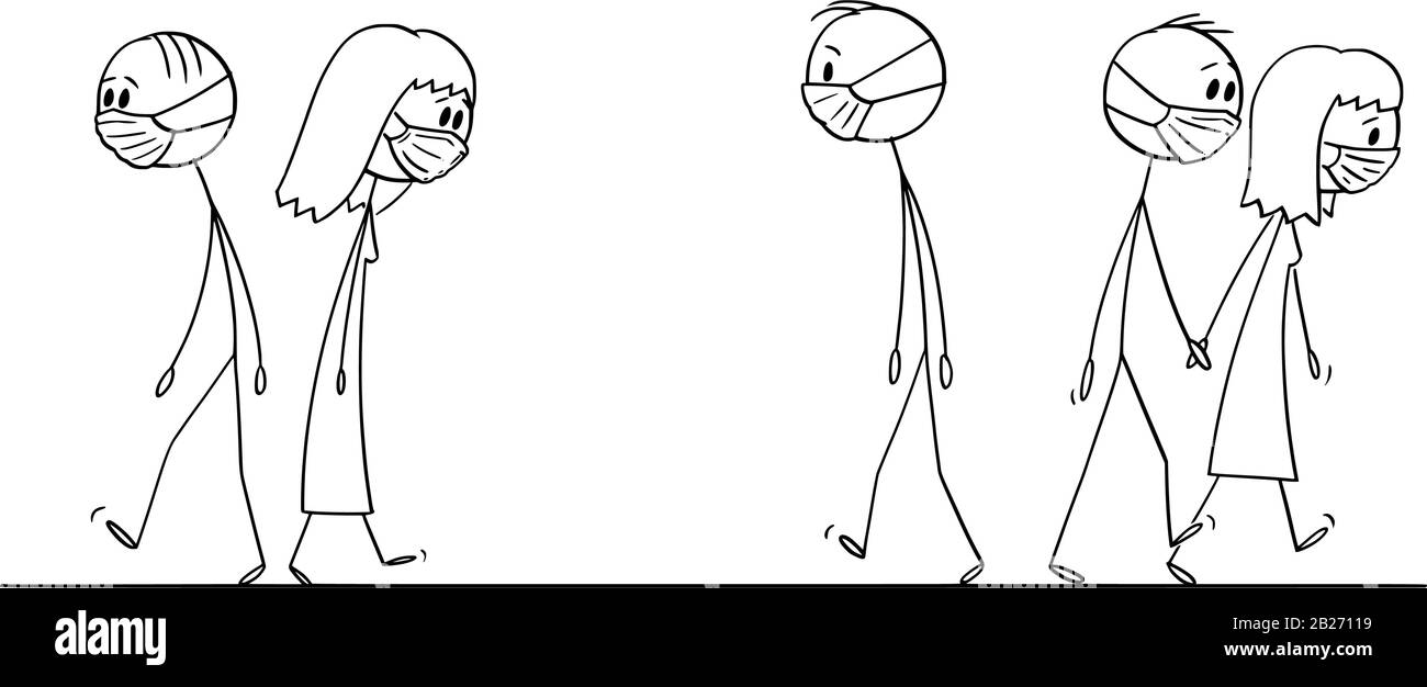 Vector Cartoon Stick Figure konzeptionelle Abbildung der Menschenmenge, die auf der Straße spazieren geht, mit Gesichtsmasken, um sich vor der Verschmutzung durch Coronavirus Virusinfektion zu schützen. Stock Vektor