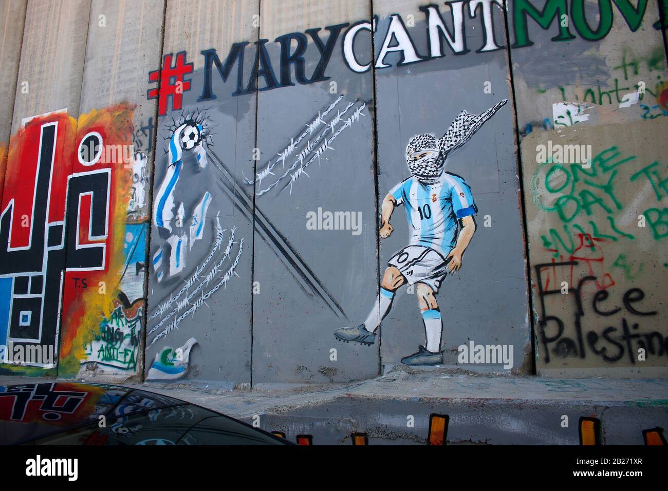 Ein Graffity, das wohl Lionel Messi darstellen soll, Impressionen: Mauer, Grenzanlage, Israelische Sperranlage, Bethlehem, Westjordanland/ Westbank, P Stockfoto