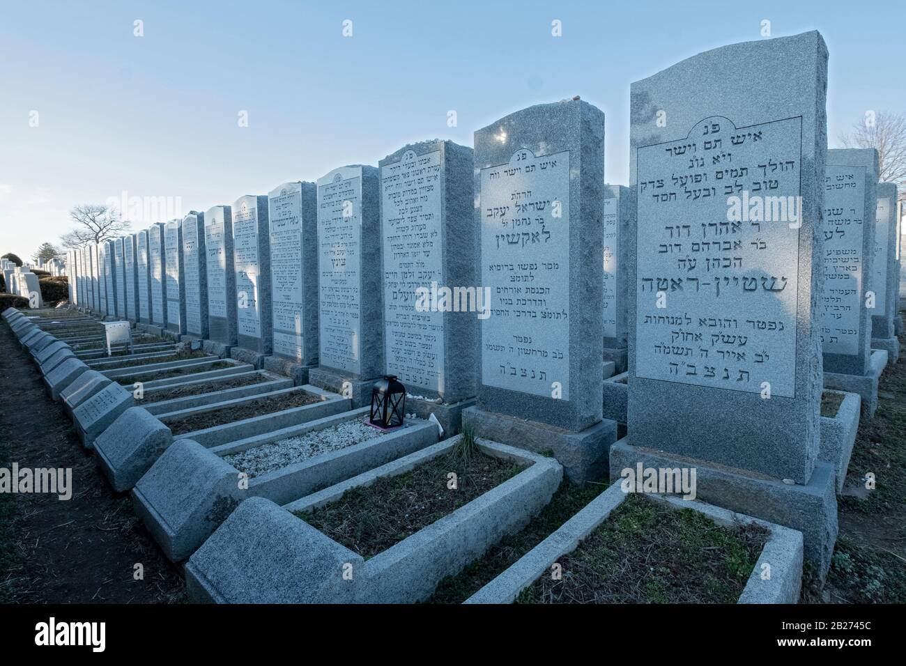 Eine Reihe von Kopfsteinen mit hebräischer Schrift in Montefiore, einem jüdischen Friedhof in Cambria Heights, Queens, New York. Stockfoto