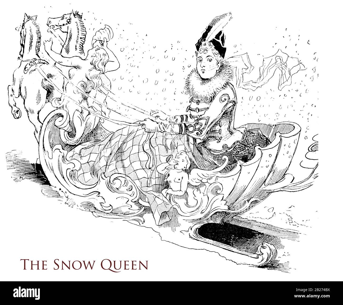 Französischer Humor und Karikatur: Die Schneekönigin, modische Dame fährt eine von Pferden gezogene, hyperverzierte Schleuder mit einem schicken Kostüm unter einem Schneefall Stockfoto