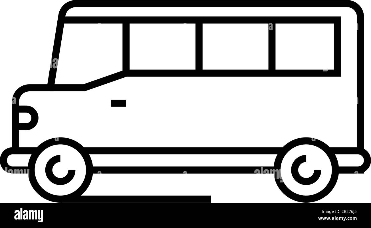 Schulbus Liniensymbol, Konzeptzeichen, Konturvektorabbildung, lineares Symbol. Stock Vektor
