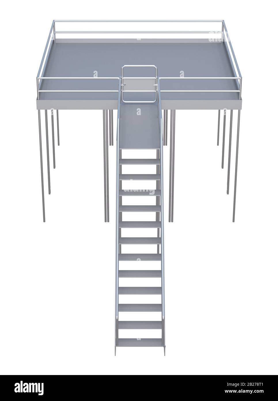 Industrietreppe mit Plattform isoliert auf weißer Frontansicht. 3D-Rendering Stockfoto