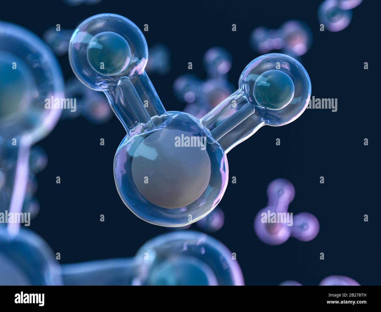 Wassermolekül. Ökologie, Biologie und Biochemie Konzept. 3D-Rendering Stockfoto