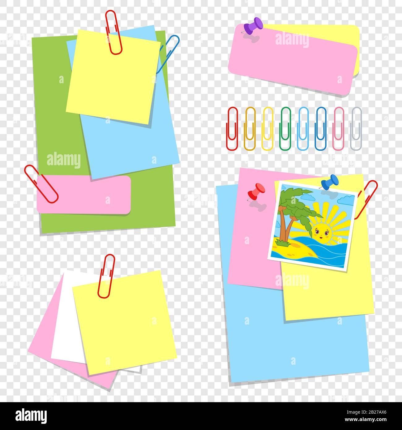 Eine Reihe von farbigen Blätter in verschiedenen Größen und Office Clips. Schönes Cartoon Stil. Einfache flache Vector Illustration auf weißem Hintergrund. Stock Vektor