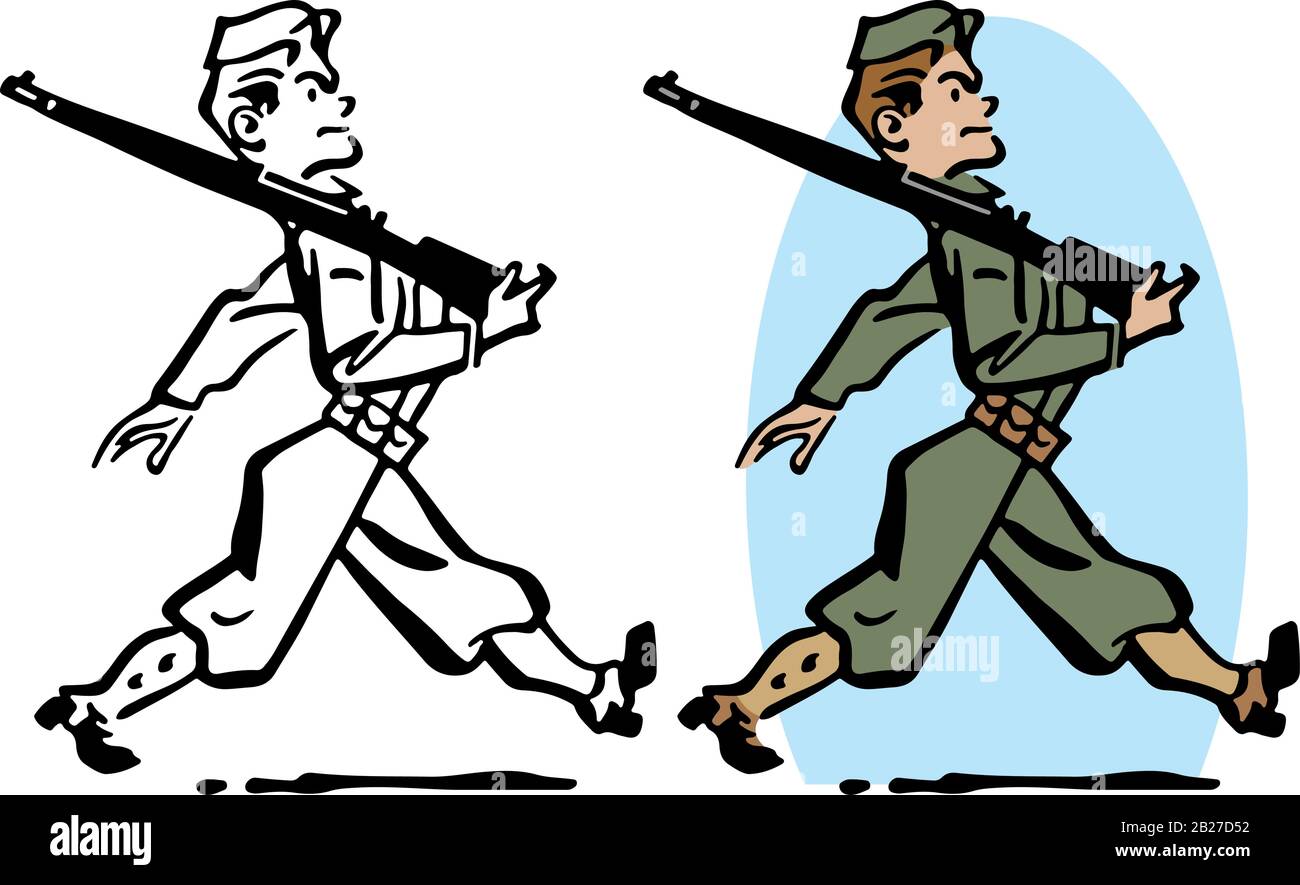 Ein Zeichentrickfilm eines Soldaten der zweiten Ära des amerikanischen Weltkriegs, der mit einem Gewehr in den Kampf marschiert. Stock Vektor