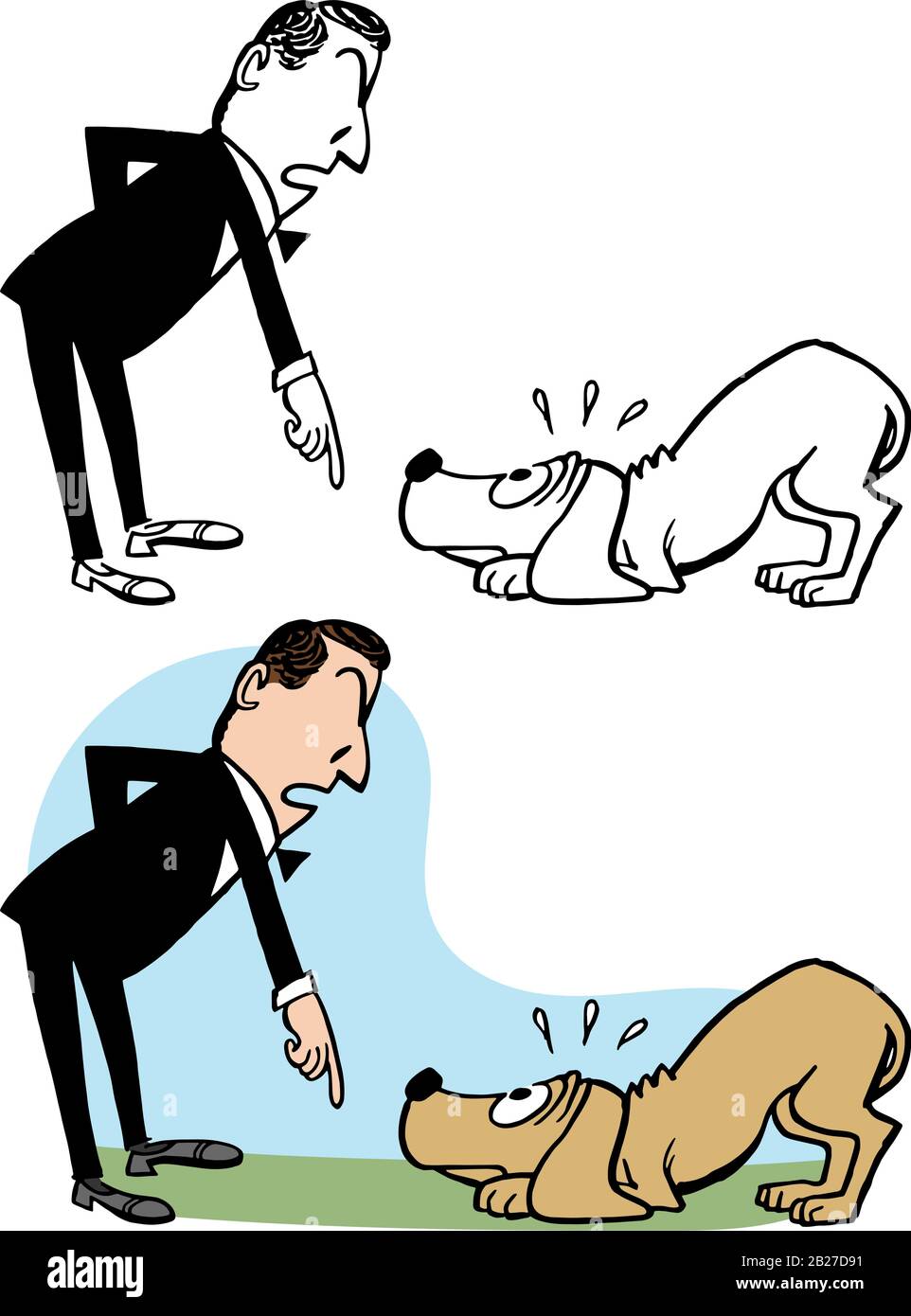 Ein Cartoon eines Mannes, der einen verfehlenden Hund erschimpft. Stock Vektor