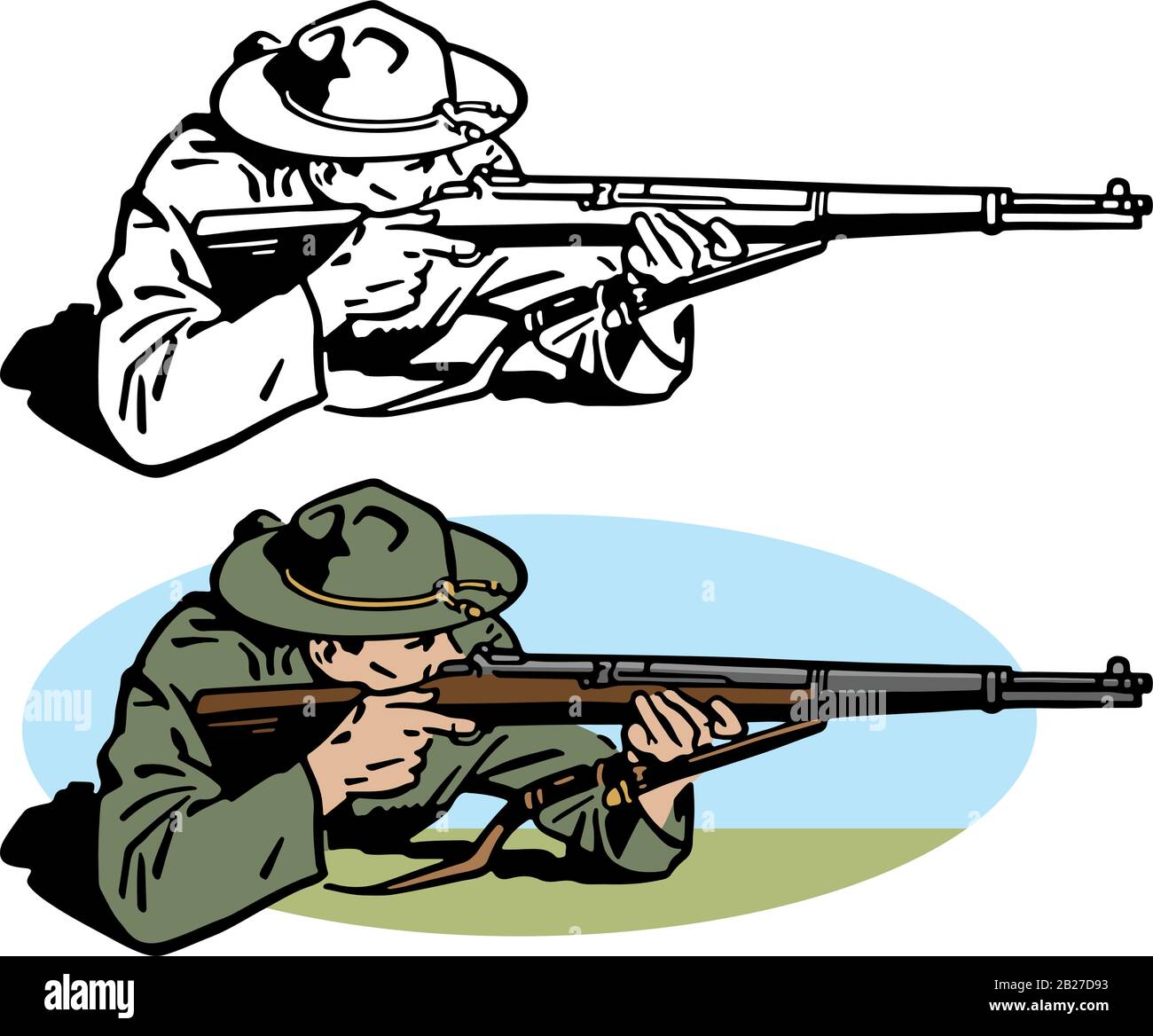 Eine Zeichnung eines Soldaten der Armee aus der Zeit des zweiten Weltkriegs, der während des Gefechts ein Gewehr anstrebte. Stock Vektor