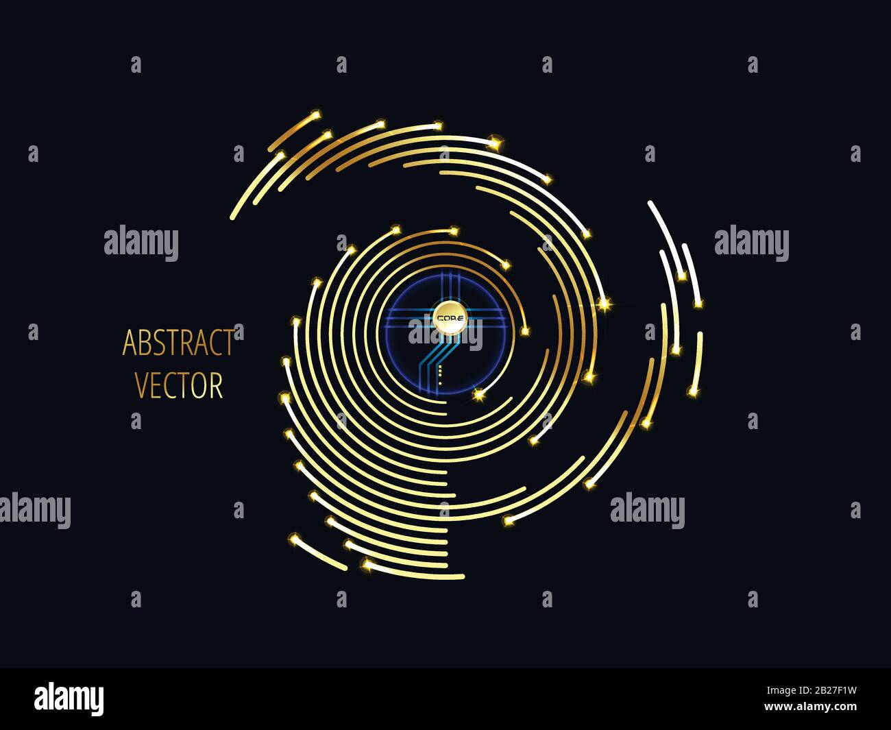 Spiral, kreisförmig, Energie, Technologiehintergrund, künstliche Intelligenz, Abstract Gold, Circuit, Kommunikationstechnologie, futuristisches Konzept, Zukunft Stock Vektor