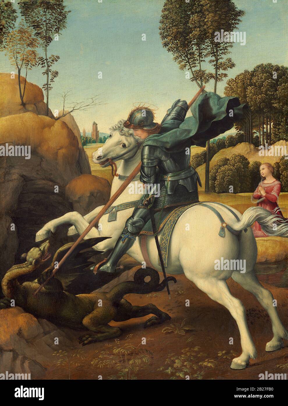 Gemälde des Heiligen Georg und des Drachen (ca. 1506) von Raphael (Raffaello Sanzio da Urbino) - Sehr hohe Auflösung und hochwertige Bilder Stockfoto