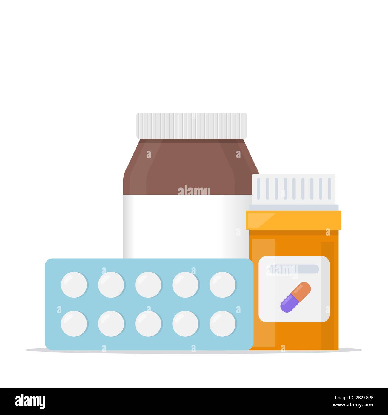 Medizin, Apothekenkonzept. Fläschchen mit Medikamenten, Tabletten und Kapseln. Medikament, Medikamente, Plastikflasche mit Pillen, Symbolsatz Vektor-Illustration Stock Vektor