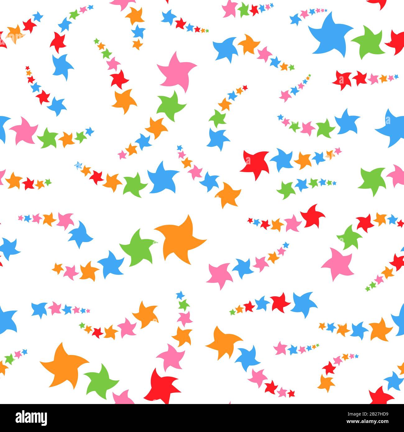 Farbenfrohes, nahtloses Muster süßer Sterne auf weißem Hintergrund. Einfache Vektorgrafiken. Für das Design von Papiertapeten, Stoff, Verpackung PA Stock Vektor