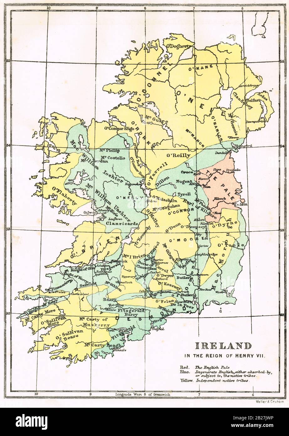 Karte von Irland, in der Regierungszeit von Heinrich VII., zeigt die englischen Blassen, Entarteten englischen und unabhängigen einheimischen Stämmen Stockfoto