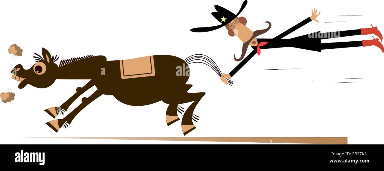 Cartoon Rodeo Illustration. Mann oder Cowboy fängt ein fließendes Pferd mit einem auf Weiß isolierten Horsetail Stock Vektor