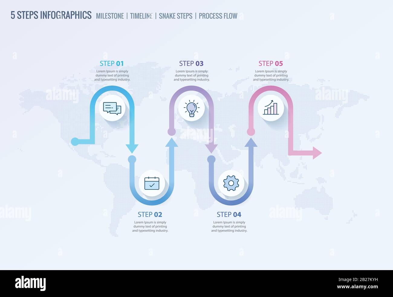 Milestone Infografiken, Timeline Infografiken, Prozessfluss Infografik, Snake Steps Vorlage für Unternehmenspräsentationen Stock Vektor