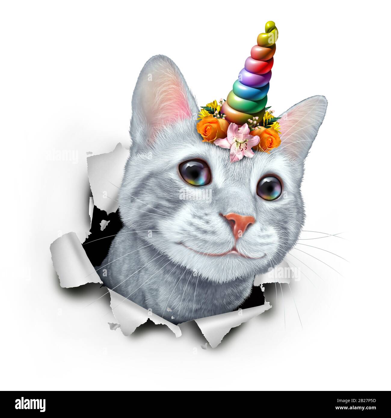 Kitty Einhorn als niedliches Kätzchen mit einer märchenhaften magischen Hornregenbogenkatze mit einem Blumenkranz mit 3D-Illustrationselementen. Stockfoto