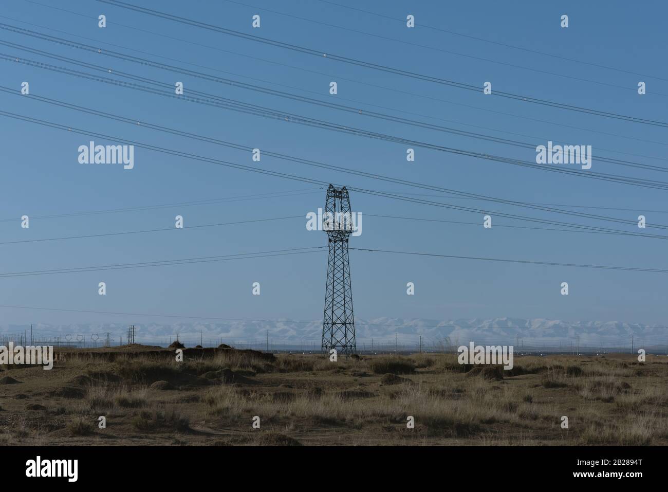 Hochspannungs-Pylone auf trockenem Grasland Stockfoto
