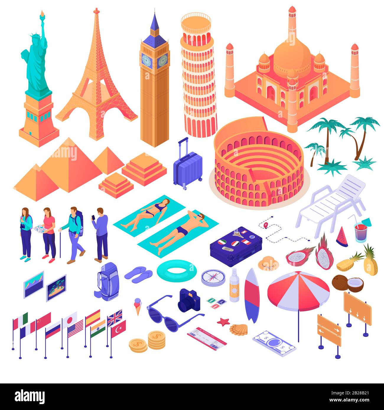 Sammlung von Abenteuer touristische dekorative Designelemente Isometrie Vektor Grafik Illustration Stock Vektor