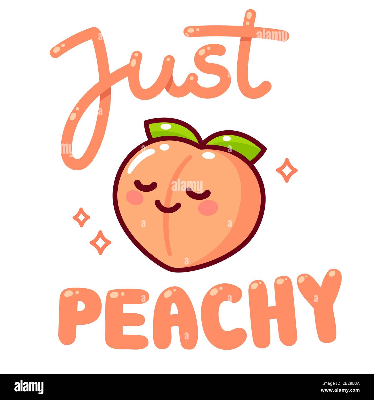 Süßer Cartoon-Pfirsich mit kawaii Gesicht und Text Nur Peachy. Fun Food Wortspiel mit handgezeichneter Schrift, isolierter Vektorgrafik Stock Vektor