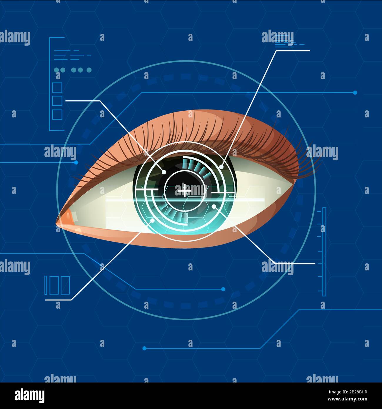Realistische digitale Zukunftstechnologie für das Scannen von menschlichen Augen auf blauem Infografiehintergrund Stock Vektor