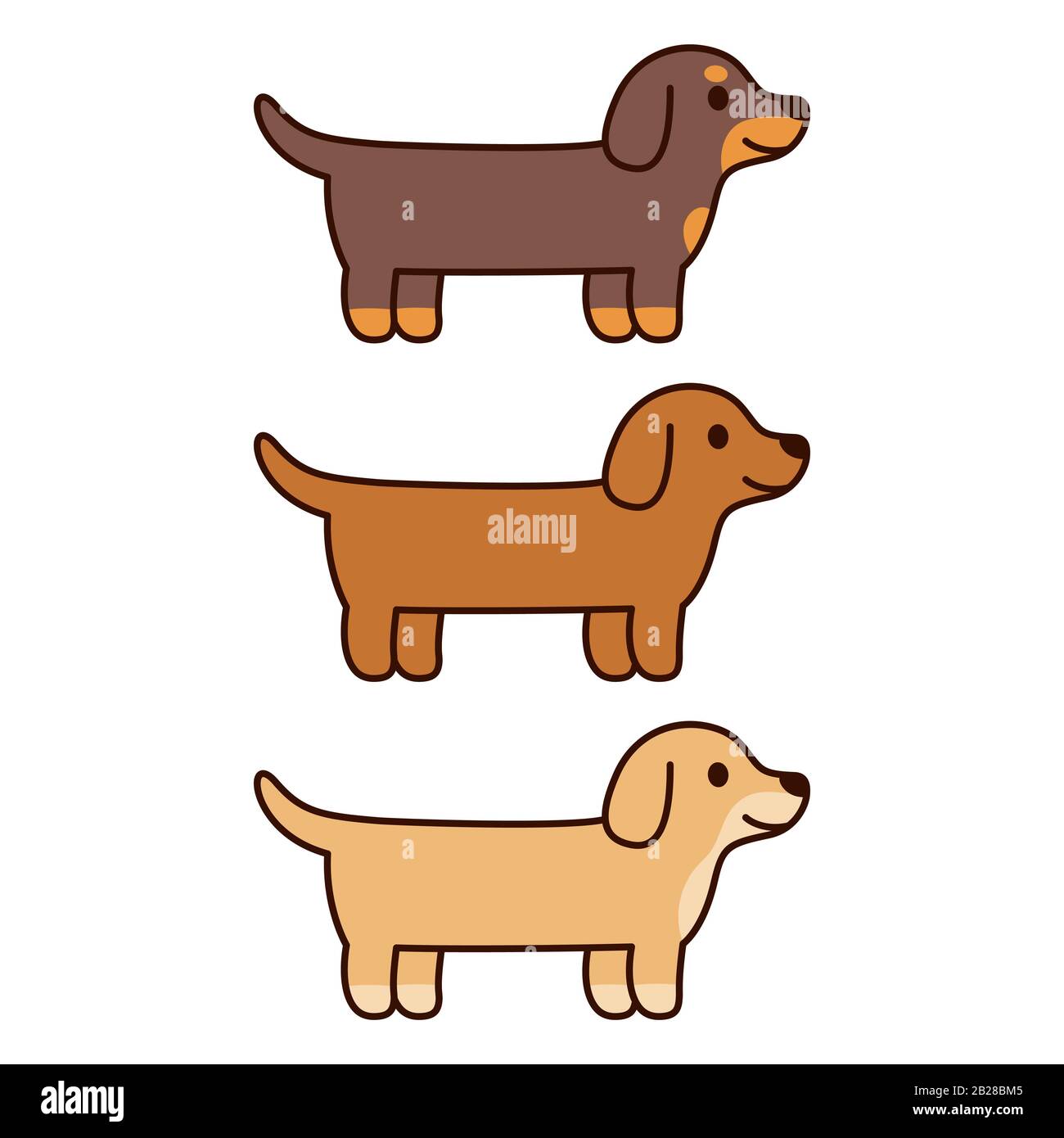 Drei Cartoon-Dachshunde, schwarz, braun und cremefarben. Niedliches und einfaches Hundezeichenset, Vektorclip Art Illustration. Stock Vektor