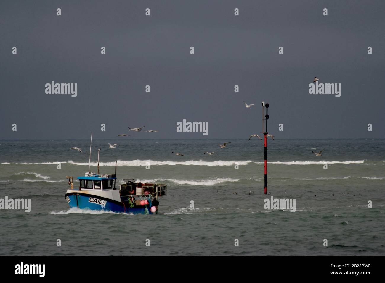 Hummerboot, das vor stürmischem Wetter in den Hafen segelt, Gwbert, Cardigan, Wales Stockfoto