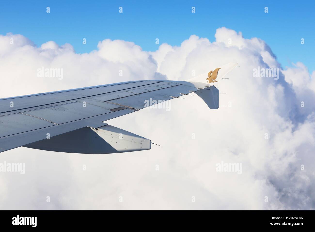 Goldener Falke mit goldenem Golfluftlogo im Winglet sieht aus wie ein Adler oder ein Vogel, der neben dem Flugzeug fliegt Stockfoto
