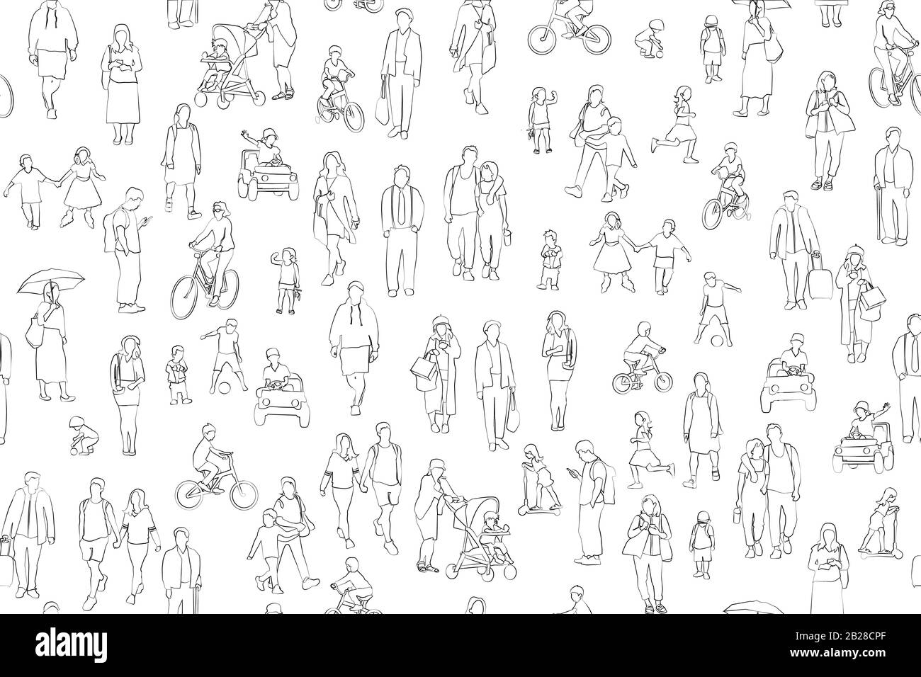 Darstellung der Menschenmenge . Gruppe von männlichen und weiblichen Erwachsenen- und Kinder-Zeichentrickfiguren auf weißem Hintergrund. Stockfoto