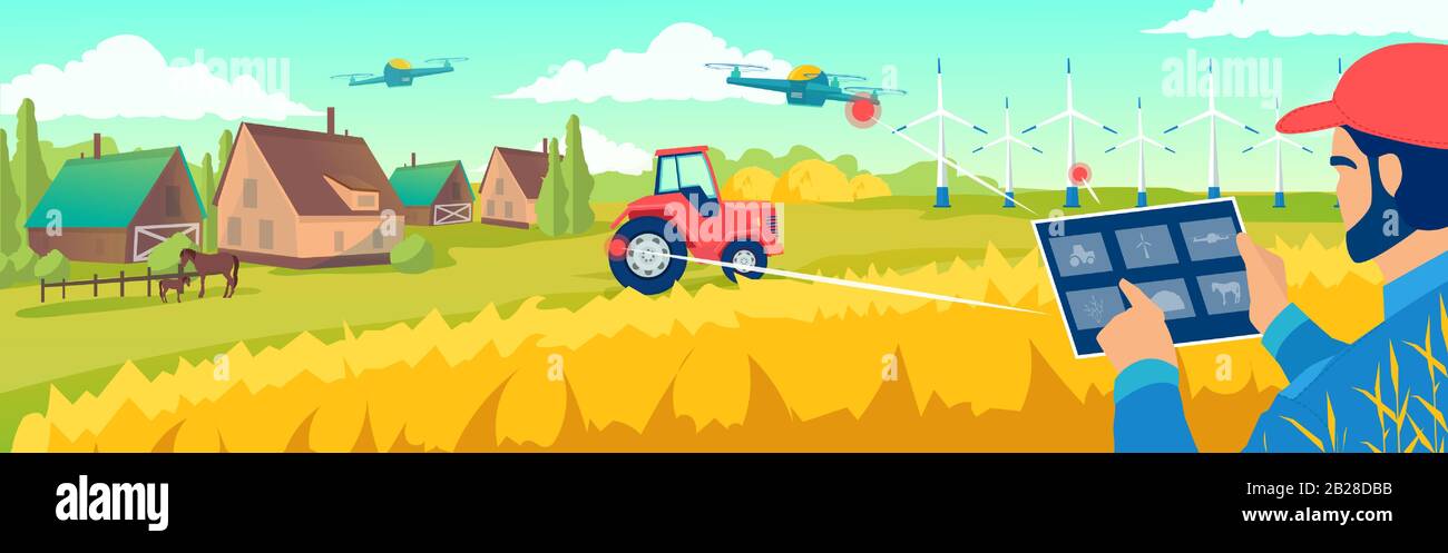 Vektor eines Landwirts, der seine Farm mit einer App auf seinem Tablet verwaltet. Intelligentes Konzept für Landwirtschaft und Zukunftstechnologien Stock Vektor