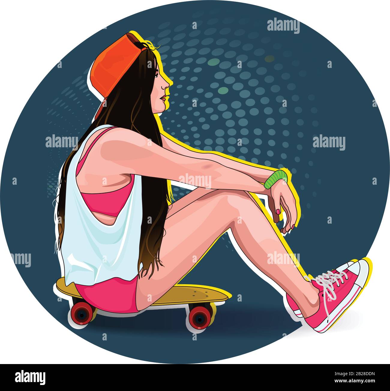 Skateboard, junges Hipstermädchen mit Skateboard, T-Shirt-Druck, Bannerdesign Stock Vektor